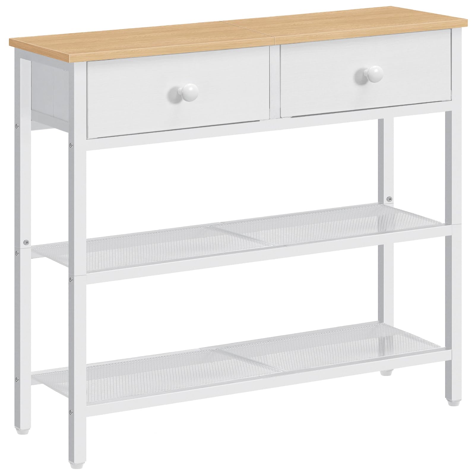 HOOBRO Tavolo da Ingresso Lungo 75 cm, Stile Industriale con 2 Cassetti in Tessuto e 3 Ripiani Portaoggetti, Soggiorno, Camera da Letto e Ingresso, Bianco e Colore Legno Naturale EWN72XG01G1