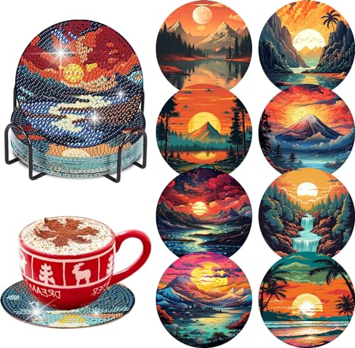Mupmod Juego de 8 posavasos de pintura de diamantes con soporte, kits de posavasos de arte de diamantes para principiantes, adultos y niños, suministros de manualidades de pintura de diamantes,