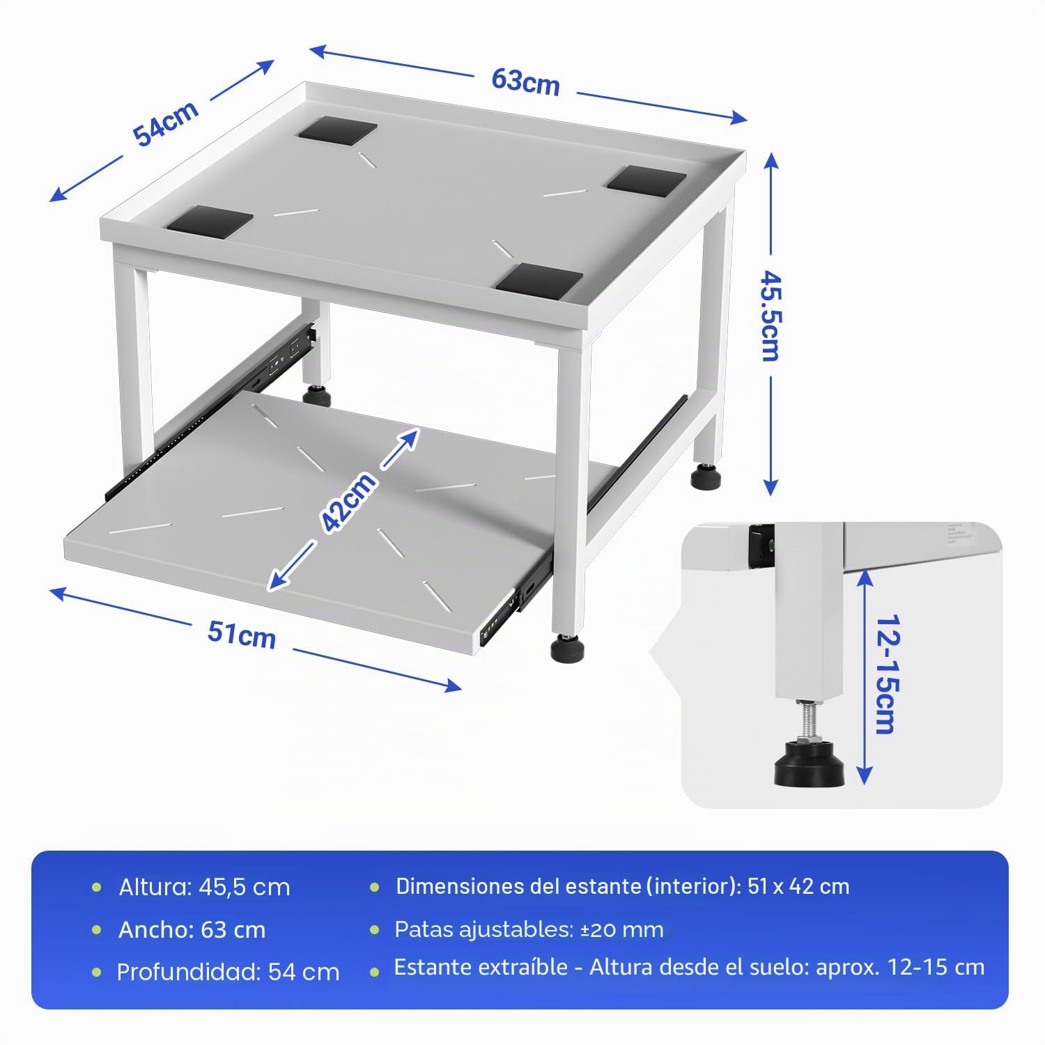Herrselsam Soporte para lavadora con cajón, 45,5 cm de altura, capacidad de carga de 200 kg, soporte con patas ajustables y almohadillas antivibraciones, pedestal para secadora, frigorífico, lavadora