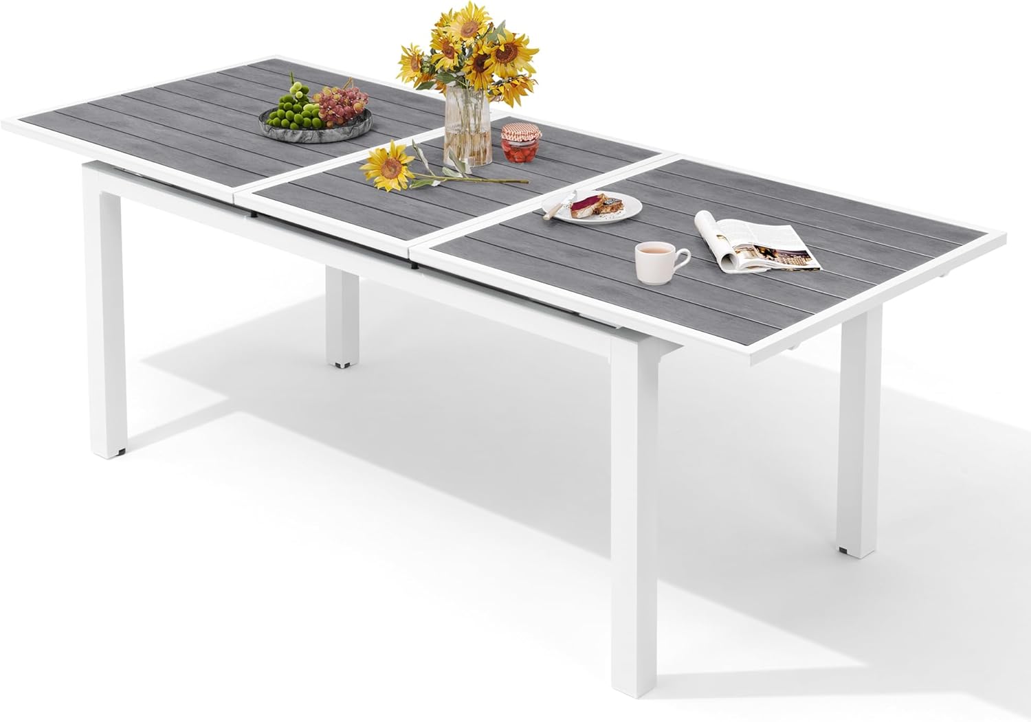 Outdoor Dining Table, 63"-83" Patio Extendable Dining Table with Grey Wooden-Like Top and White Aluminum Frame, Rectangular Table Outdoor Furniture