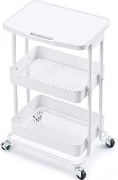 3-Tier Metal Rolling Storage Cart with Practical Tabletop, 3-Tier Metal Serving Rolling Cart with Contral Handle for Library School Office Classroom Home Bedroom White