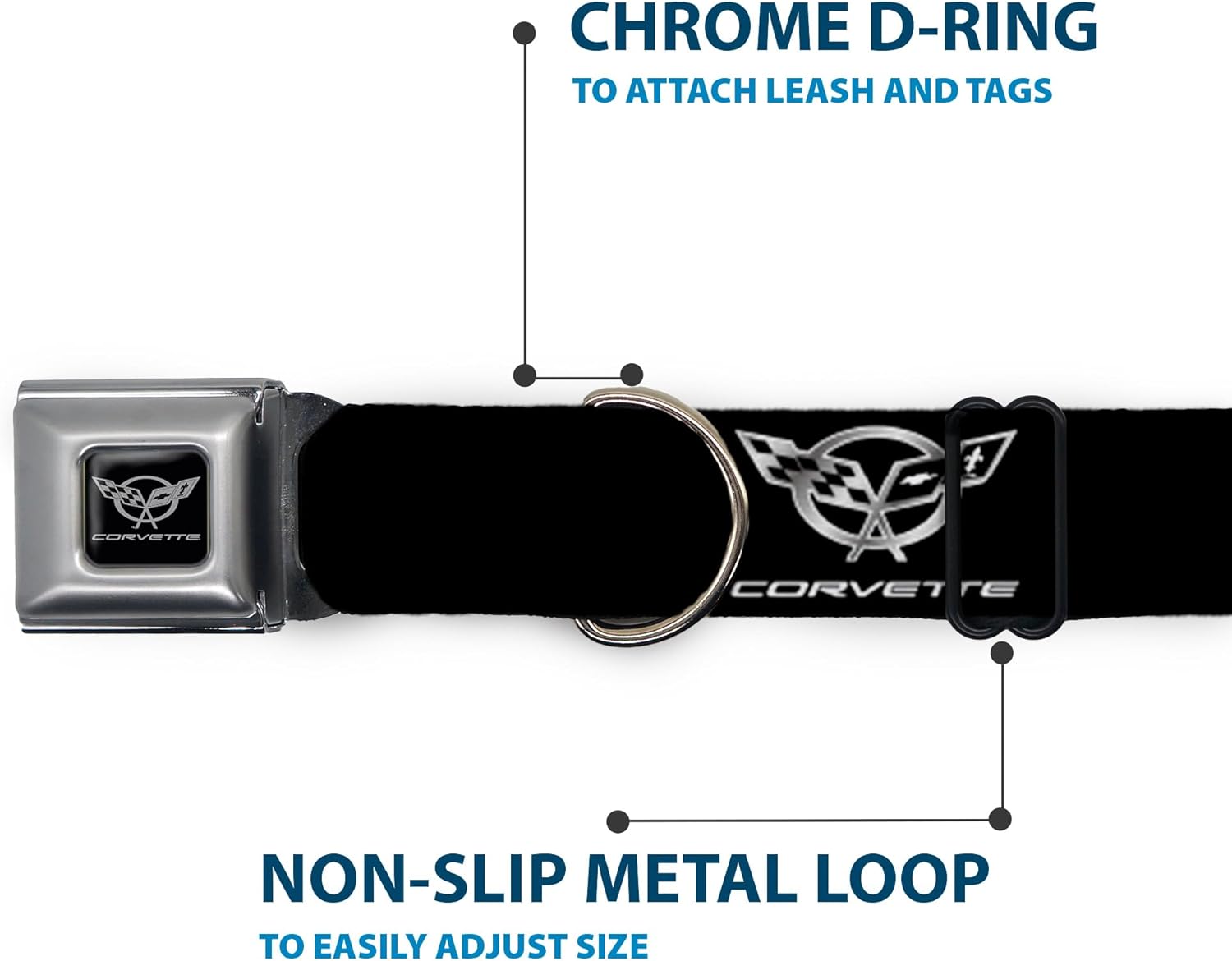 Buckle-Down Seatbelt Buckle Dog Collar - Corvette Black/Silver REPEAT - 1" Wide - Fits 15-26" Neck - Large