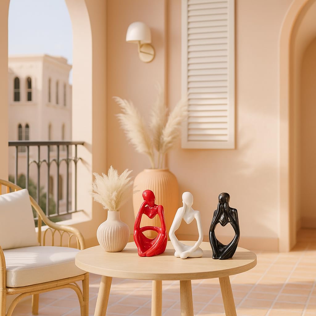 Xtore Thinker Decoreative Statues for Home Decor (Pack of 3, Black, Red & White)