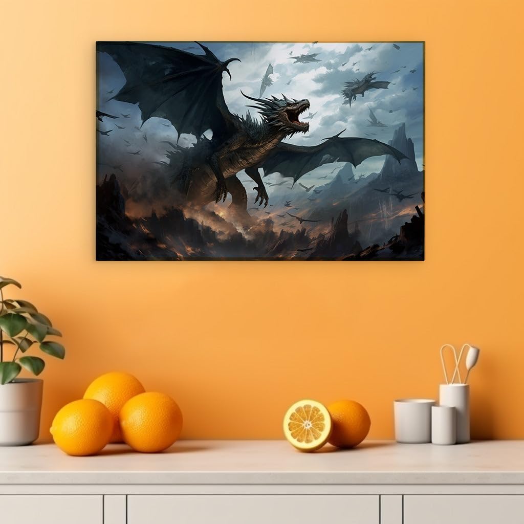Canvas for Living room. Soaring Terror in the Sky: The Majestic Menace of the Black Dragon, 27 x 18 inch Canvas Wall Art - Ready to Hang