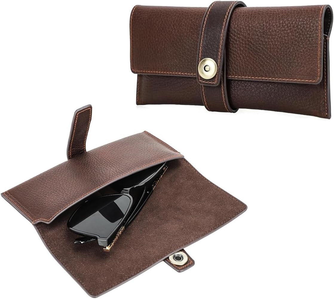 YUONNY Genuine Leather Sunglasses Case, Portable Magnetic Clasp Travel Glasses Case, Vintage Eyeglasses Storage Case Anti-Scratch Glasses Box Outdoor for Women Men Kids Coffee