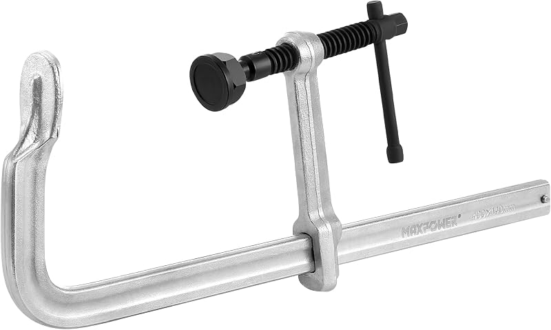 MAXPOWER Heavy Duty F Clamp, 16" Opening, 5-1/2" Throat, 3450 Lbs. Clamping | Replaceable Swivel Pads, Drop-forged Sliding Arm, Black Oxide Spindle
