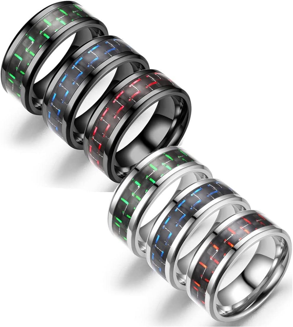 SONNYX6 Pcs Gentleman 8mm Black Sliver Stainless Steel Wedding Band Rings Carbon Fiber Inlay Polished Finish Edges Comfort Fit Wedding Band Ring for Men,Size 7-11