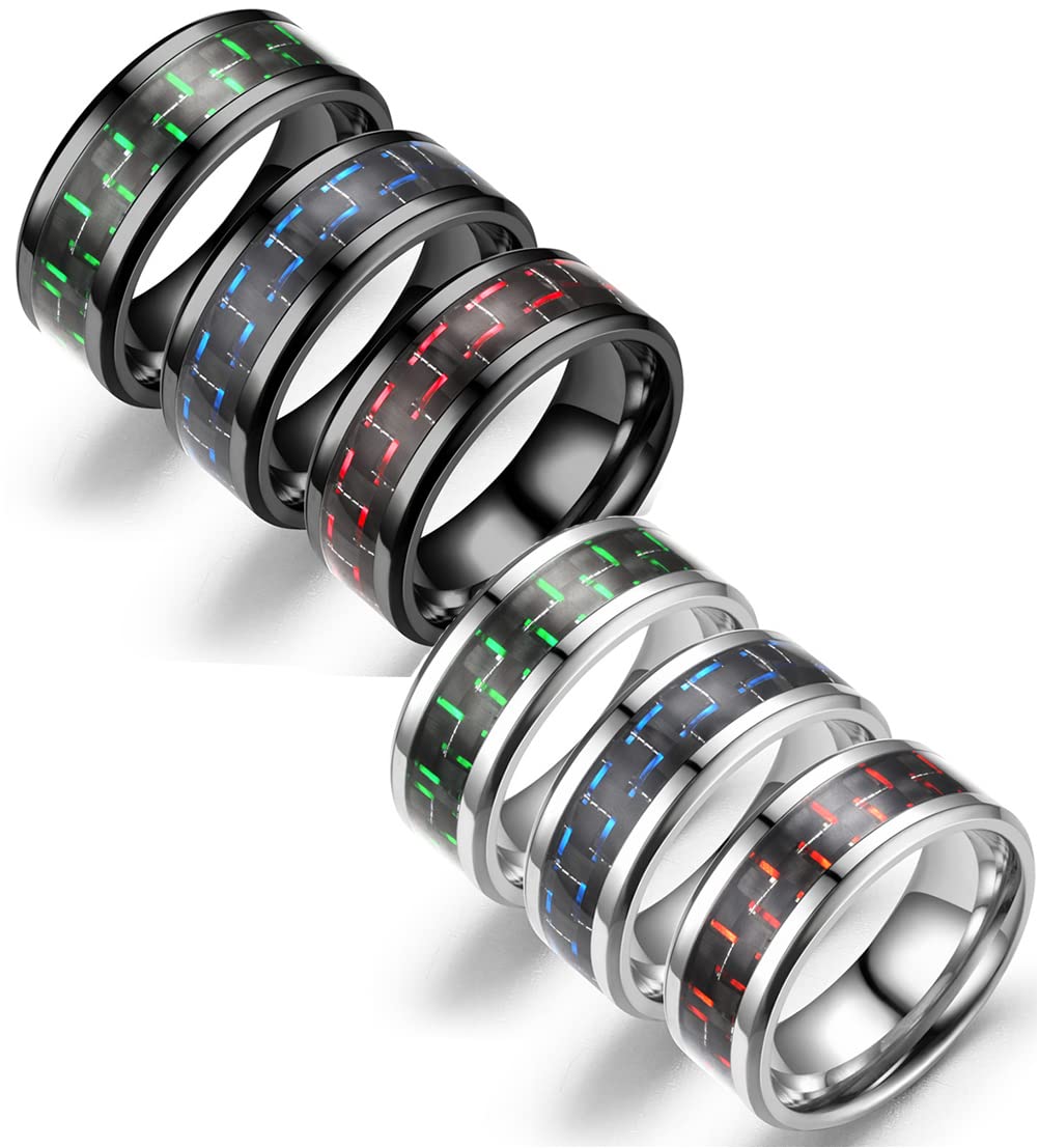 SONNYX6 Pcs Gentleman 8mm Black Sliver Stainless Steel Wedding Band Rings Carbon Fiber Inlay Polished Finish Edges Comfort Fit Wedding Band Ring for Men,Size 7-11