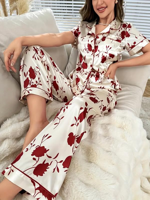 Image of Night Suit for Women with Full Sleeve Button-Down Top with Pant Dress for Woman,Night Dress for Woman, Two-Piece Loungewear Set