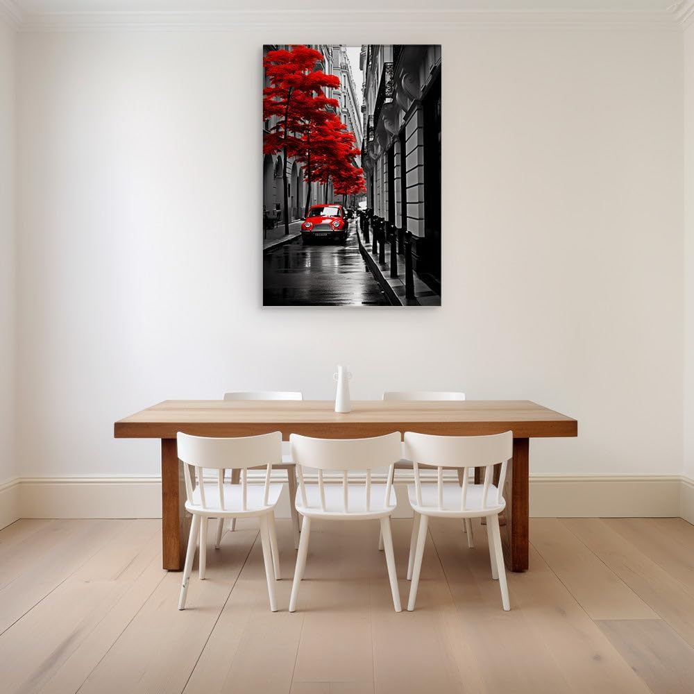 Canvas for Living room. Red Accents in a Monochrome Parisian Street Tableau, 27 x 18 inch Canvas Wall Art - Modern Home Decor