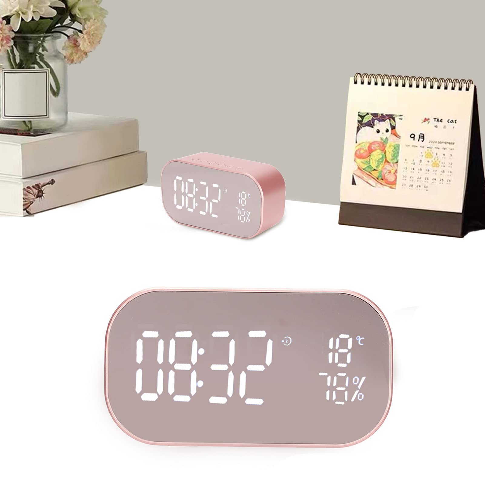Goshyda Reloj Despertador Digital, 2200mah Radio FM Reloj Despertador Multifunción, con Altavoz Bluetooth, con Antena Externa, para Dormitorio en Casa, Regalo para Niños(Oro Rosa)