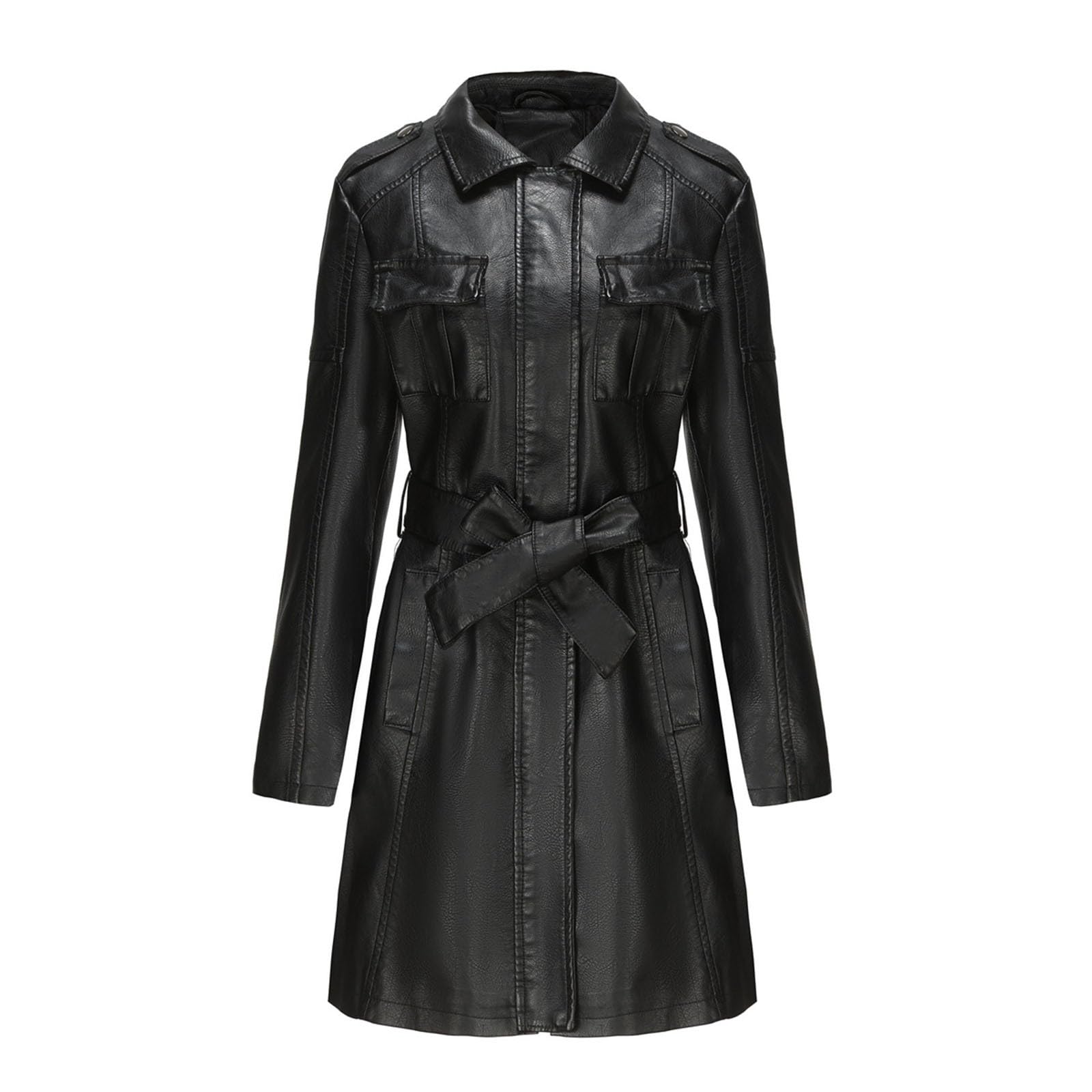 Lederjacke Damen Lang Elegant Trenchcoat Ledermantel Reverskragen Reißverschluss Einfarbige Kunstleder Übergangsjacke Langarm Pu Leder Jacke Windjacke Lederjacke Kunstlederjacke Mantel Windbreaker