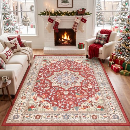 TUKDAK Vintage Weihnachtsteppich Wohnzimmer 120x180cm Waschbar Rutschfest – Ansicht 1