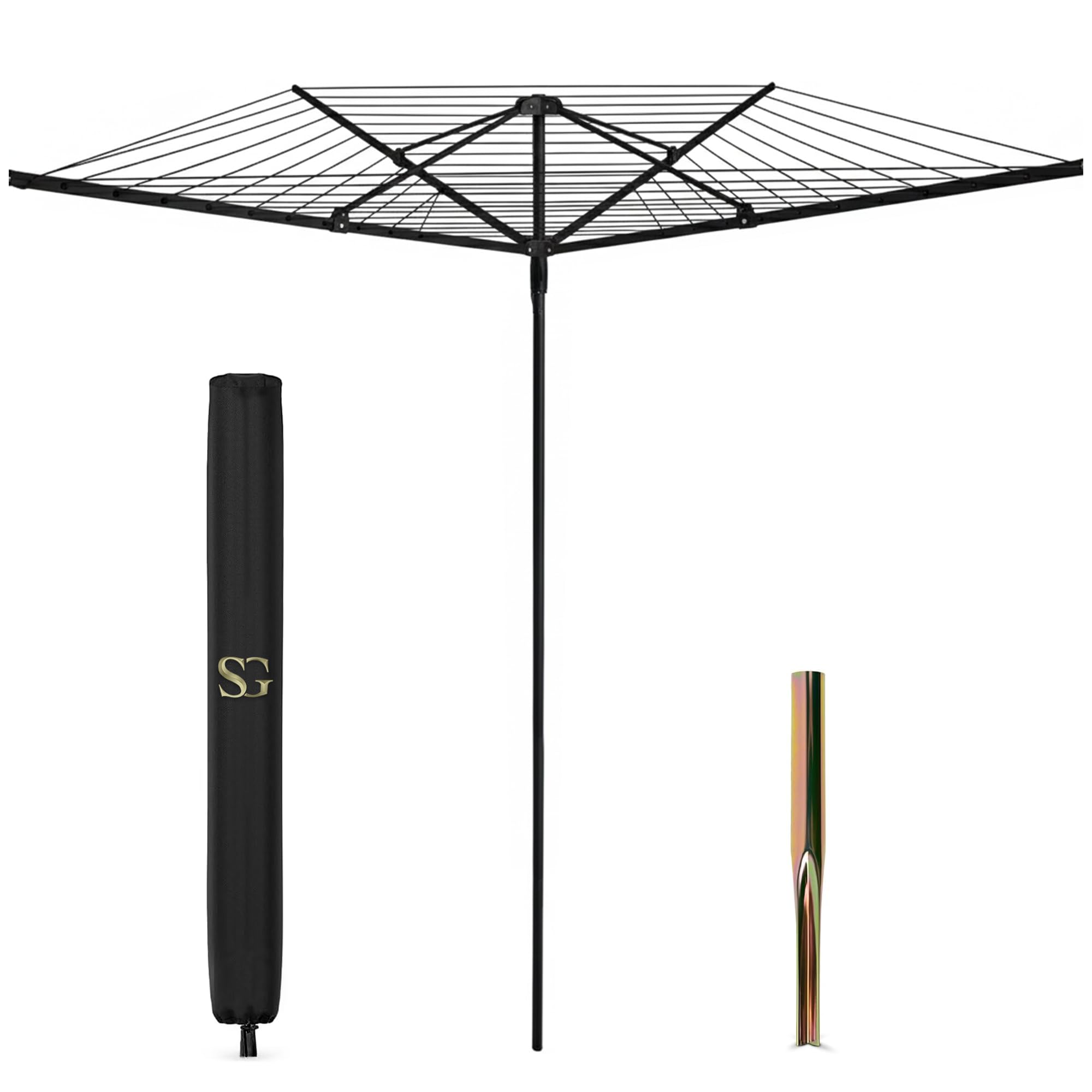SG Traders Rotary Washing Line 60m – Heavy Duty 4 Arm Outdoor Clothes Airer with Cover & Ground Spike, Weather Resistant Garden Laundry Dryer for Large Family Laundry Drying - (Black)