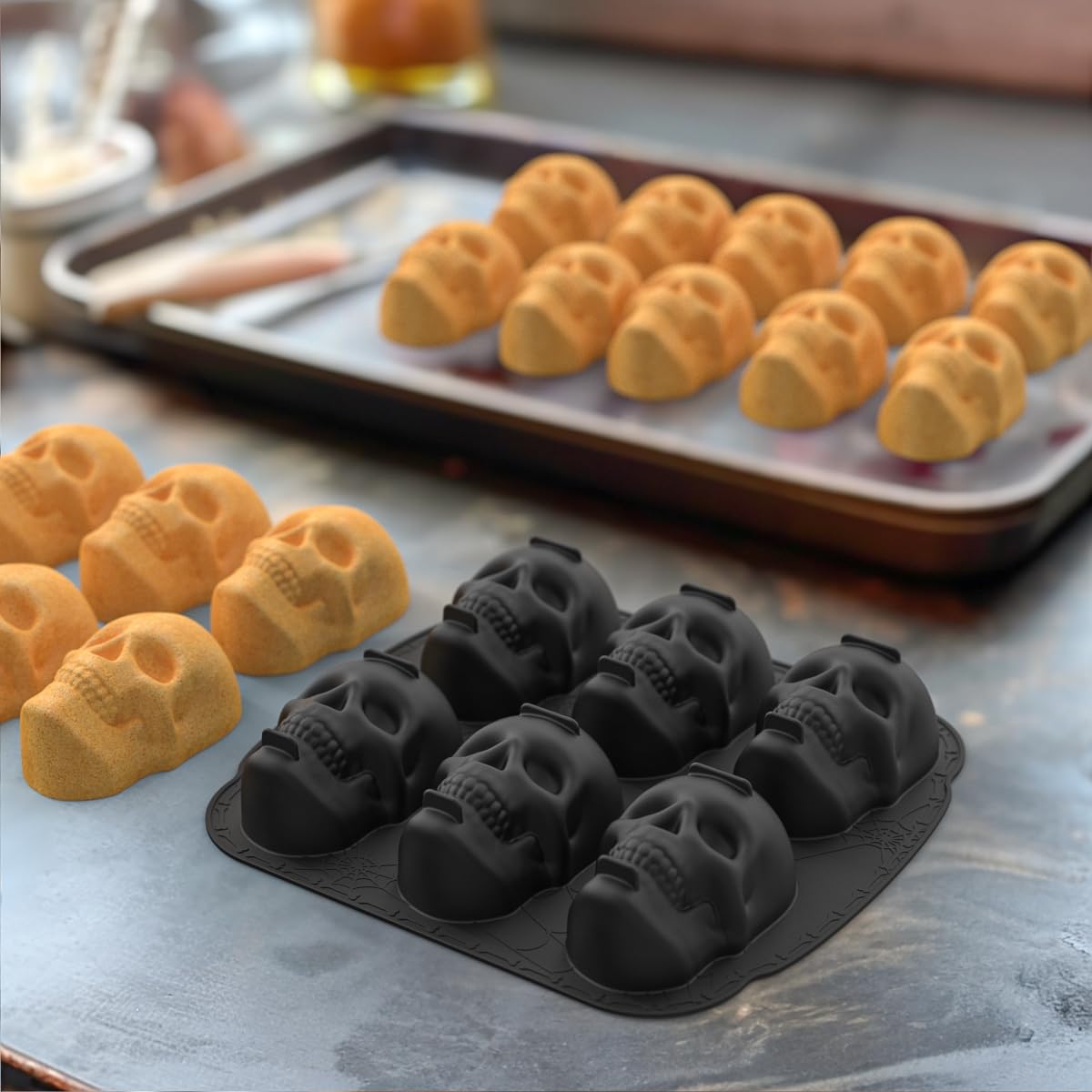 Molde de silicona para pastel de calavera, molde de silicona con 6 cavidades 3D para cubitos de hielo, moldes de silicona para Halloween, sin BPA para chocolate, gelatina, cera derretida, cubitos de 7