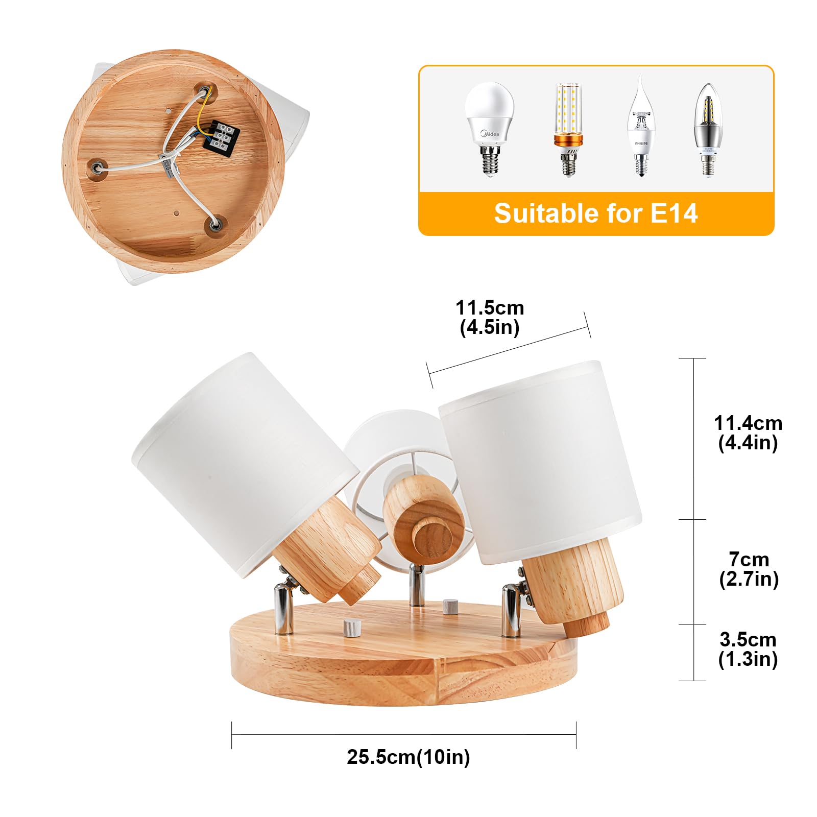 Lámpara de Techo 3 Focos Orientable Redonda, Madera Plafones de Techo E14 Plafón Foco de techo Retro Aplique Pared Interior Giratorios Para Cocina Pasillos Salón Dormitorios, Sin Bombilla
