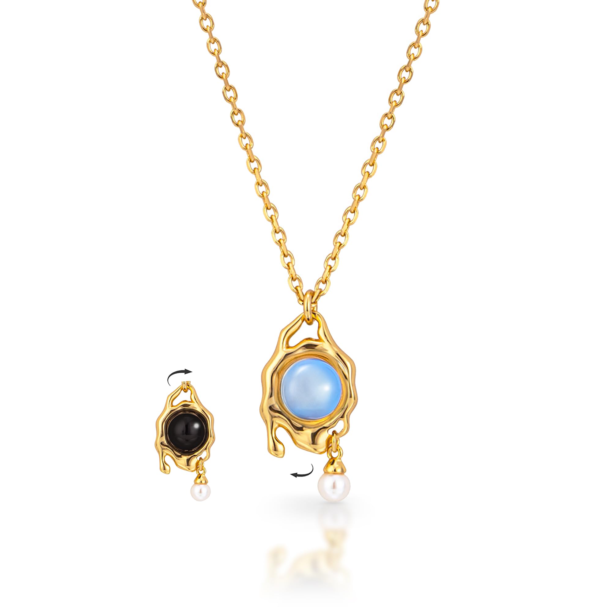 N9NEMUSESDouble Sided Pendant Necklace, 18K Gold Blue Opal and Black Onyx Reversible Necklace with Dainty Pearl Charm, 2-Sided Multi-wear Design Necklace for Women