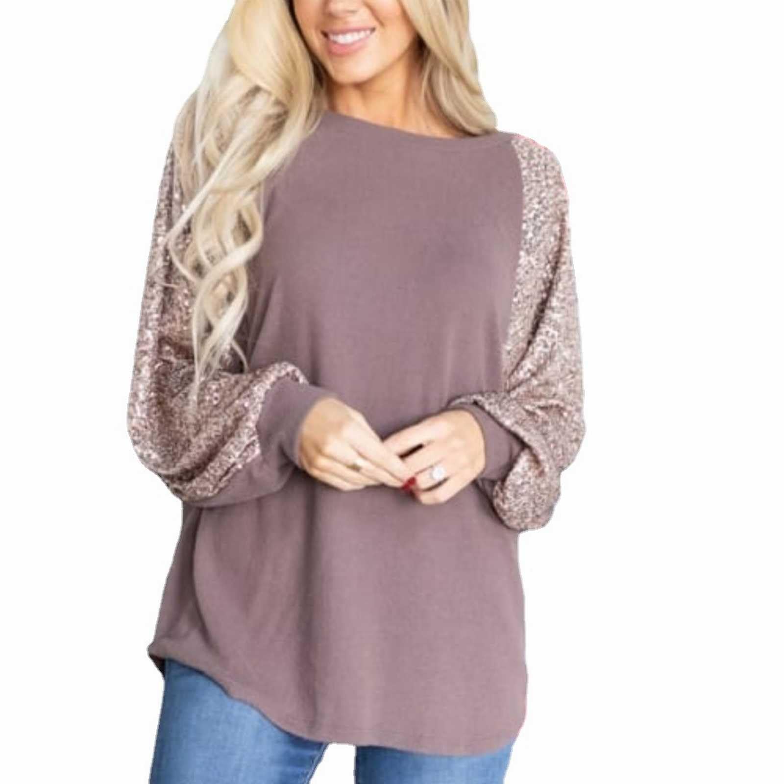 Top con paillettes da donna a maniche lunghe girocollo tinta unita glitter party t-shirt moda felpa casual comoda camicetta festival discoteca moda donna scintillante top taglie forti
