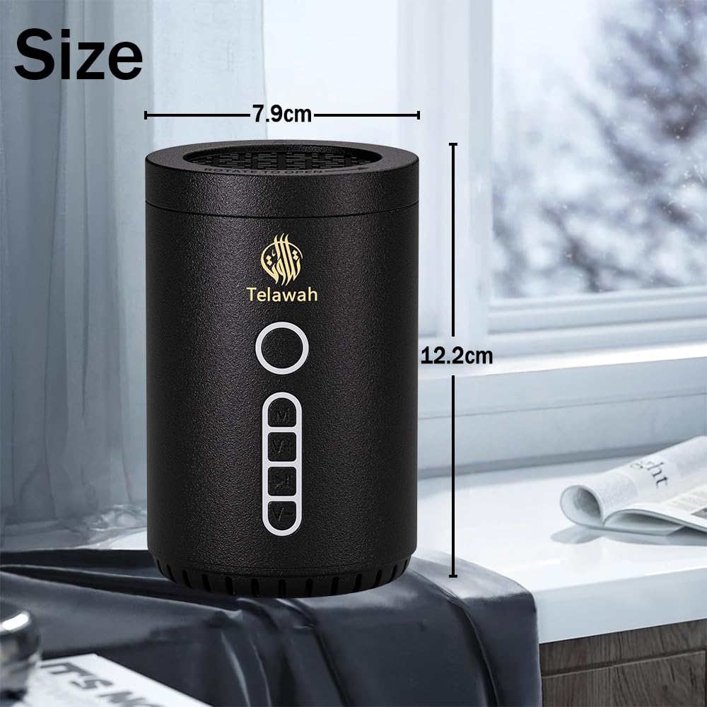Bruciatore di incenso elettrico 2 in 1 con altoparlante Corano, bruciatore Bakhoor portatile ricaricabile e diffusore di aromi, rotondo, nero, 7,9 x 7,9 x 12,2 cm