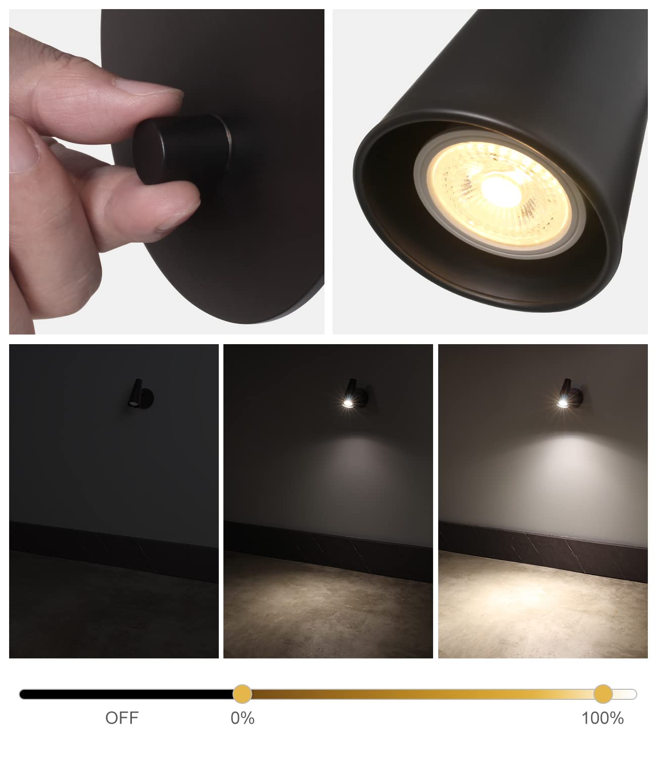 DAWALIGHT Spot Mural avec Interrupteur LED 5W 3000K Blanc chaud Gradable GU10 Applique Murale Simple Réglable Éclairage pour Salon Chambre Couloir Hôtel, Aluminium, Noir