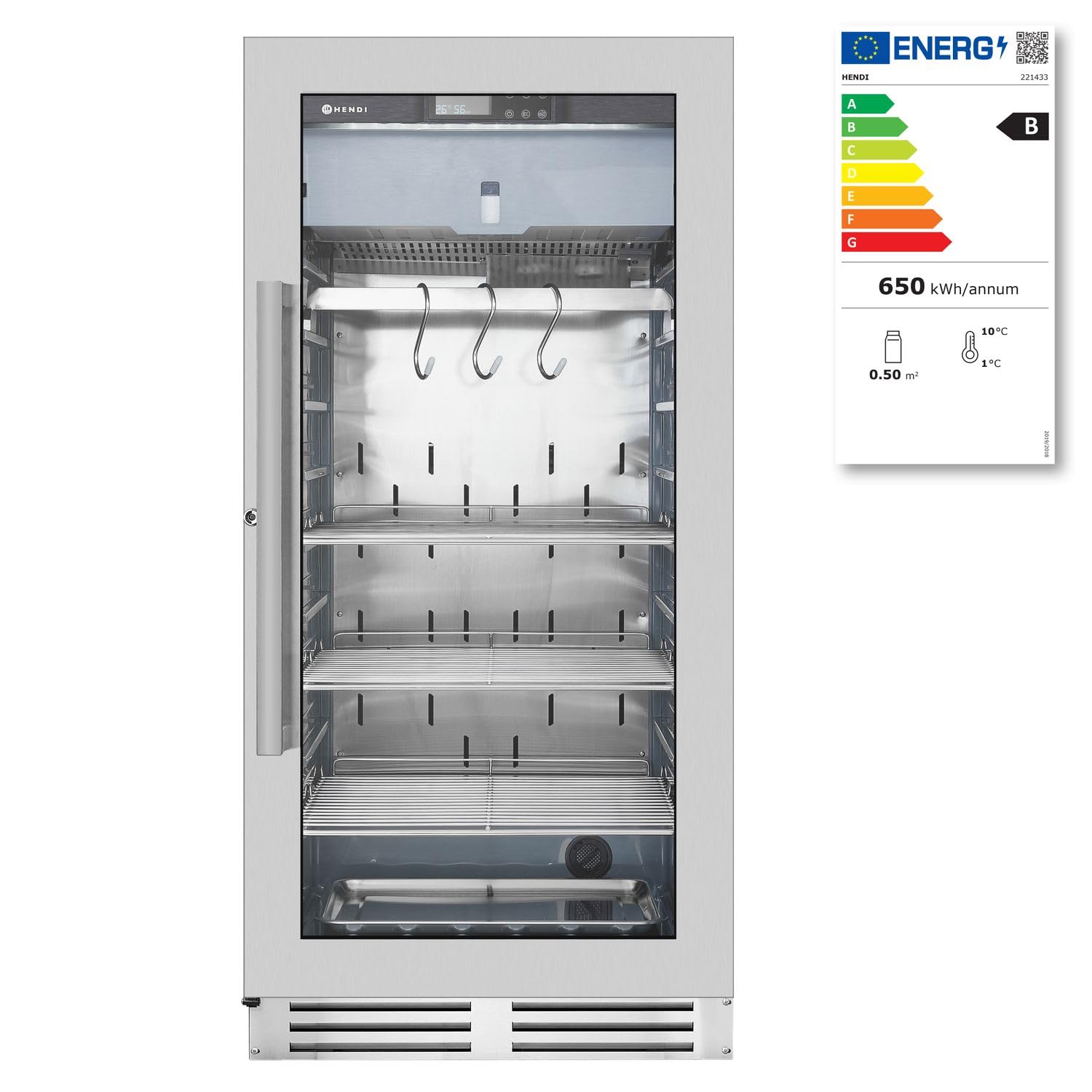 HENDI Armadio frollatura carne, vetrina cabina camera frigo per la frollatura a secco della carne, 233L, 220-240V, 170W, 595x760x(H)1270mm, vetro temprato, acciaio inox 18/10