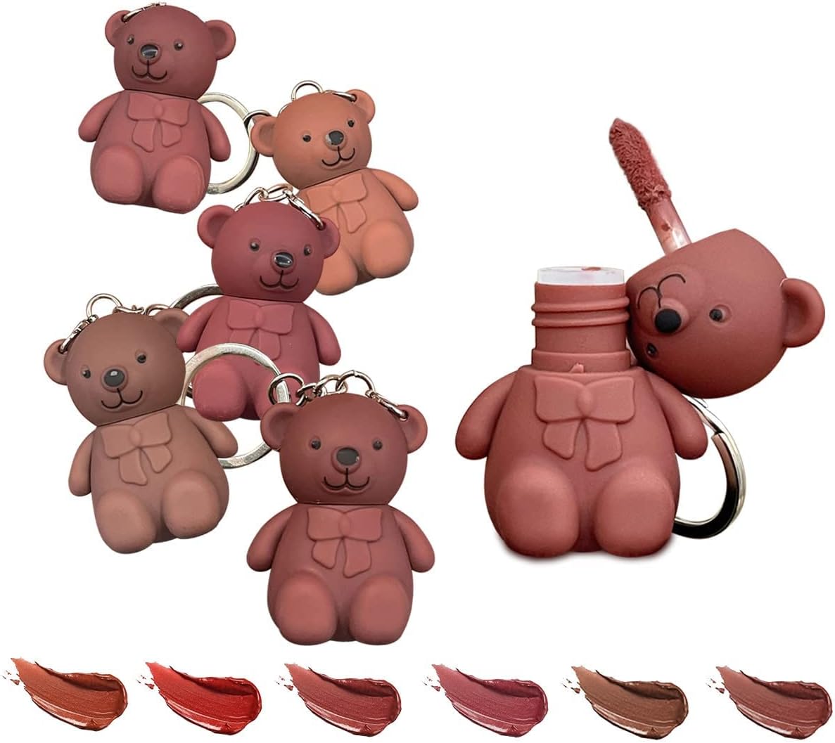 6Pcs Keychain Bear Lipsticks, 2 in 1 Key Chain Bear Lipstick Mist Matte Velvet Lipgloss Moisturizing Lip Stain Waterproof Long Lasting Bear Lip Gloss with Keychain Cute Bear Beauty Makeup (6 colors)