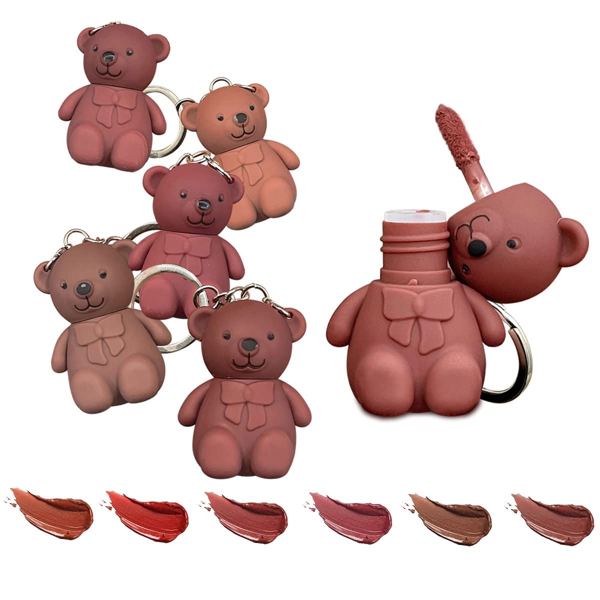 6Pcs Keychain Bear Lipsticks, 2 in 1 Key Chain Bear Lipstick Mist Matte Velvet Lipgloss Moisturizing Lip Stain Waterproof Long Lasting Bear Lip Gloss with Keychain Cute Bear Beauty Makeup (6 colors)