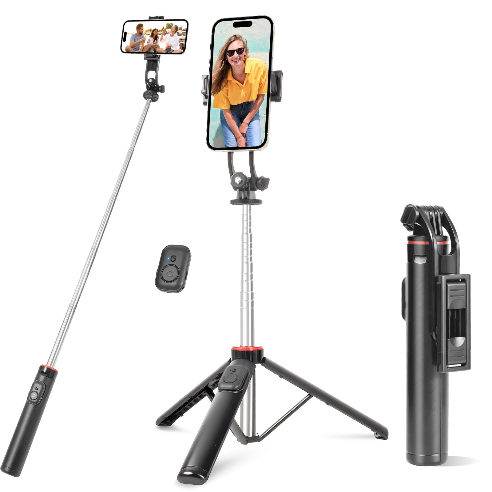 Statyw na telefon komórkowy 130 cm i kij do selfie, uchwyt na telefon komórkowy z odłączanym pilotem, kompatybilny z iPhone'ami, smartfonami z Androidem i aparatami fotograficznymi