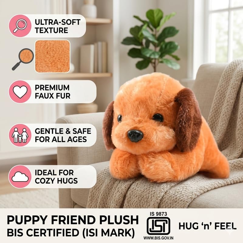 Image of HUG 'n' FEEL SOFT TOYS Sleeping Brown Dog Plush Toy (30 cm) | Cute Stuffed Animal Cuddly Puppy Doll for Kids, Boys & Girls, Newborn Baby Shower & Home Room Decor