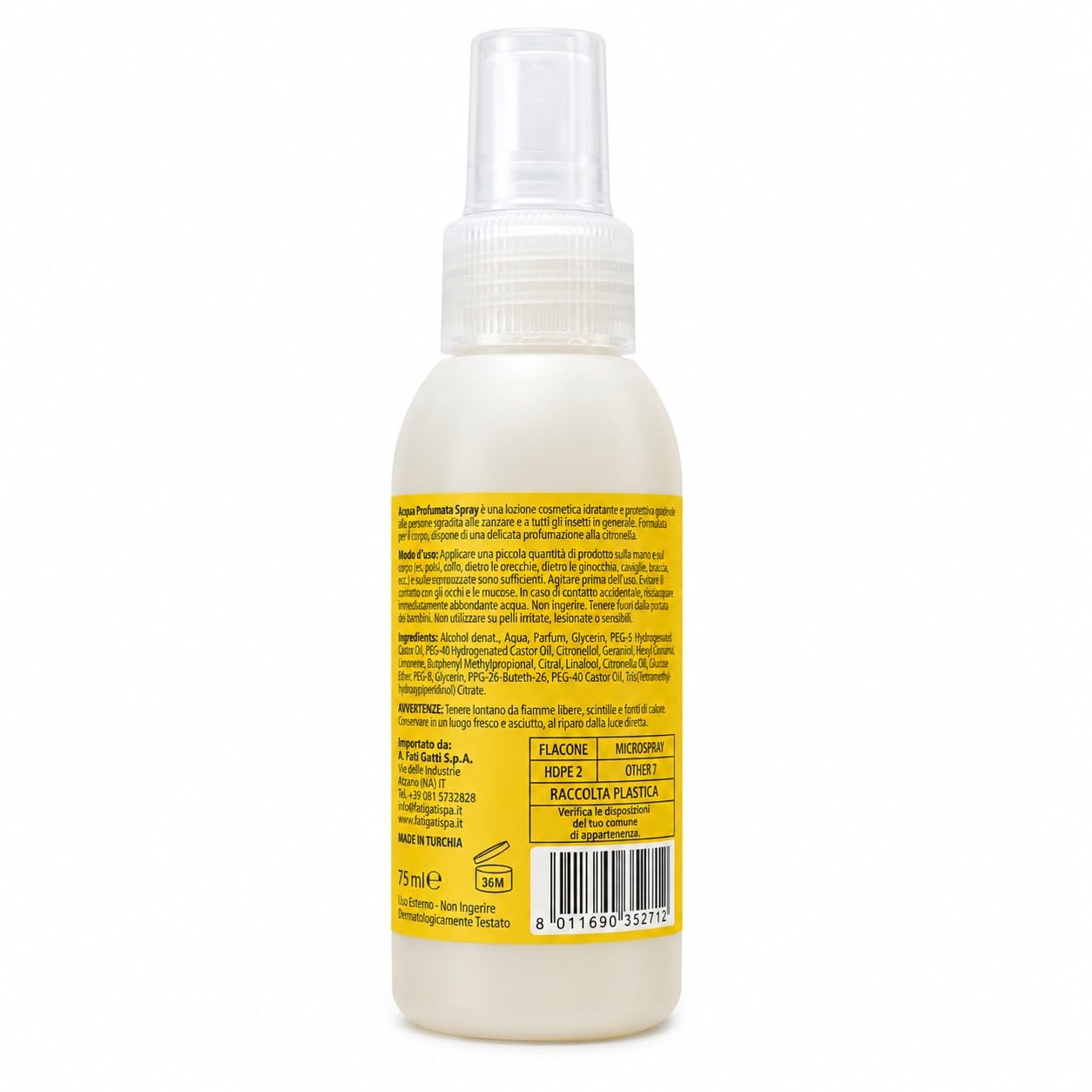 Acqua Profumata Spray Alla Citronella – Lozione Corpo Idratante Protettiva – Spray Anti Zanzare e Insetti – Fresca Profumazione Citronella - 12 Unita da 75ml