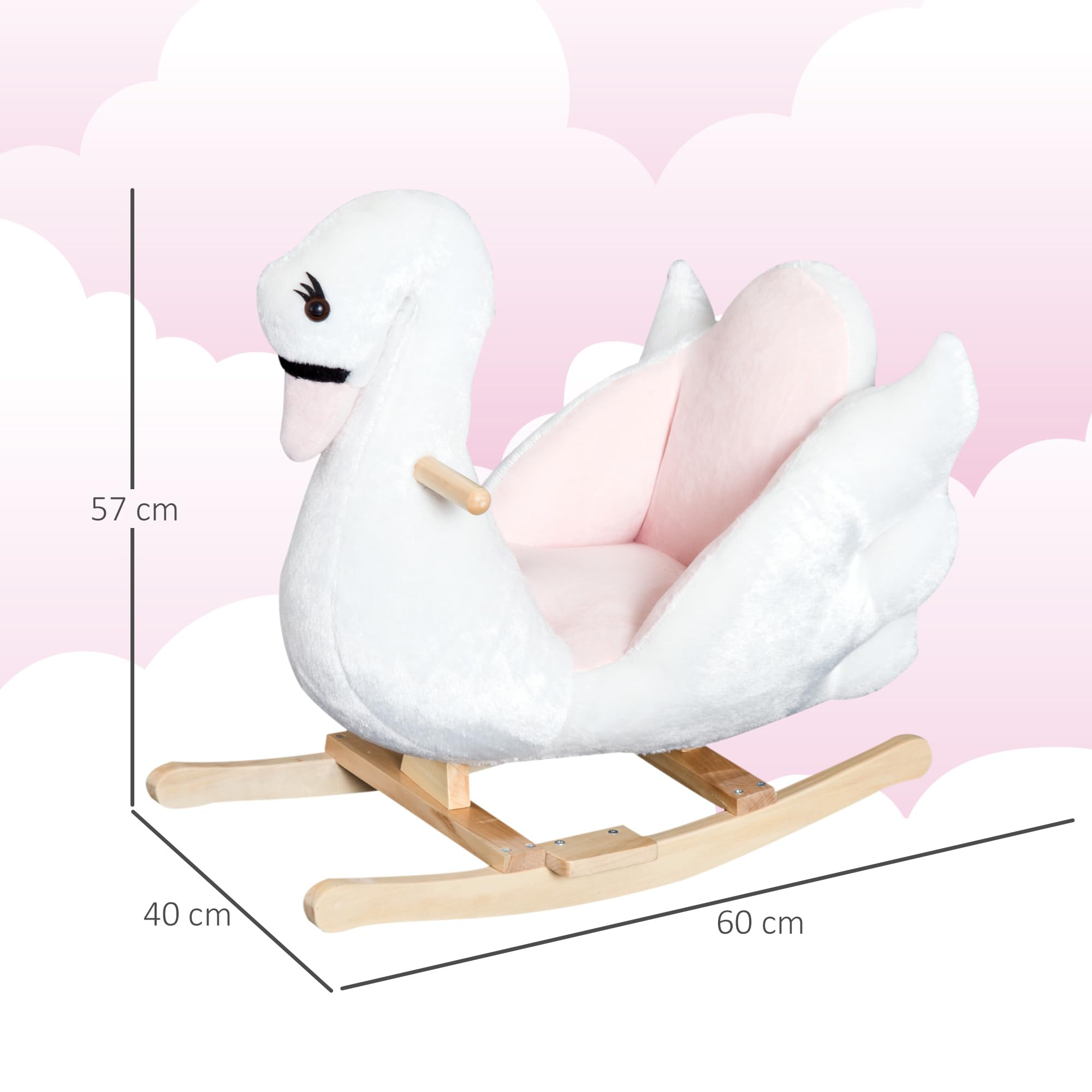 HOMCOM Schaukeltier Schaukelpferd mit Musik, 57 cm Baby Schaukel aus weichem Plüsch Schaukelspielzeug Spielzeug Wippe für Baby Kinder Kleinkinder ab 18 Monate Holz