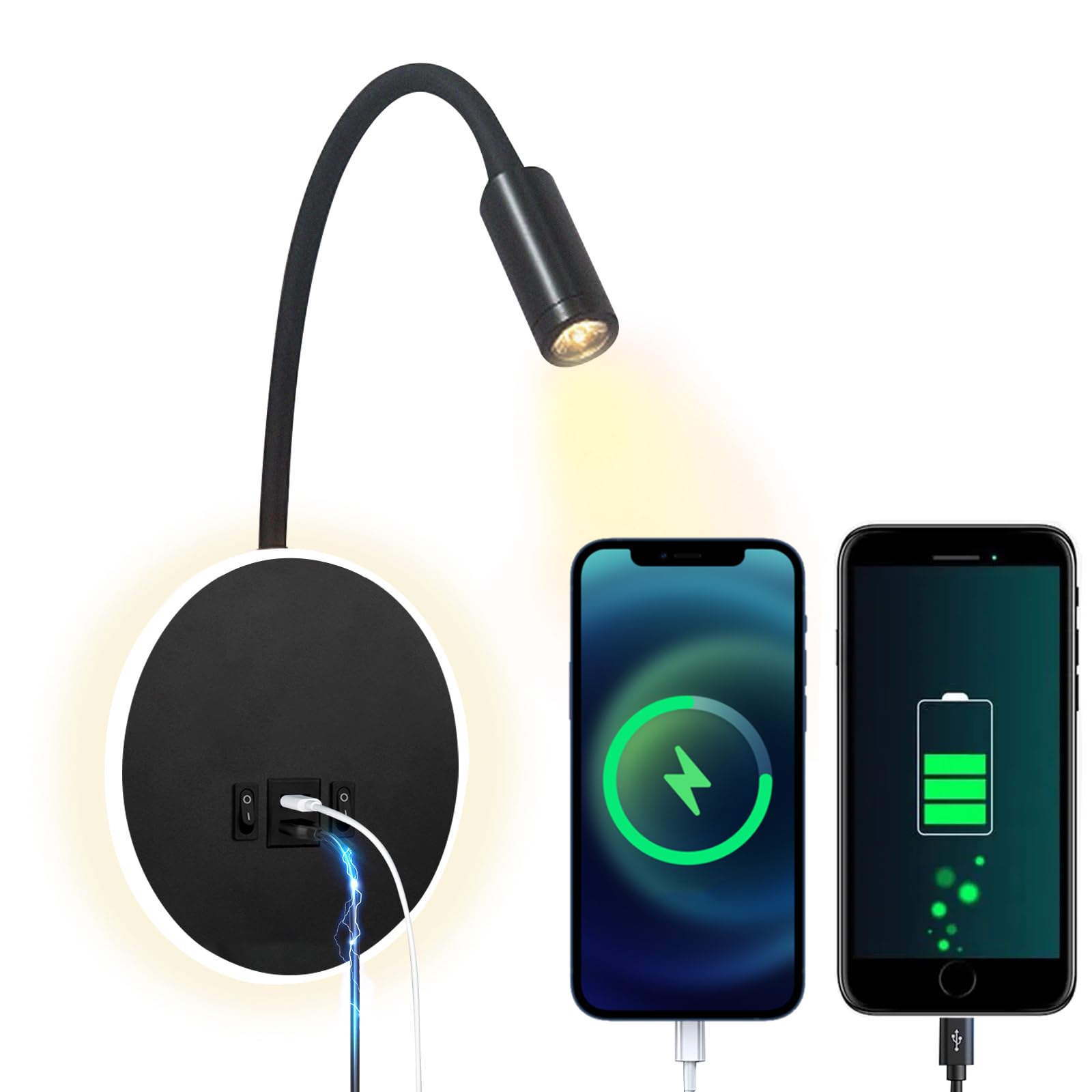 LED lámpara de pared mesita de noche 12 W LED spot regulable 3 W + 9 W 3000 K luz cálida (carga USB negro)