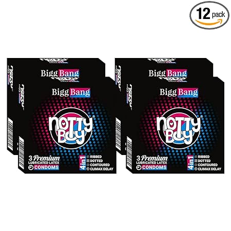 NOTTY BOY BiggBang 4-in-1 Climax Delay Ribbed Dotted Contoured Extra Time Condom For Men - 12 Count (Pack of 4)