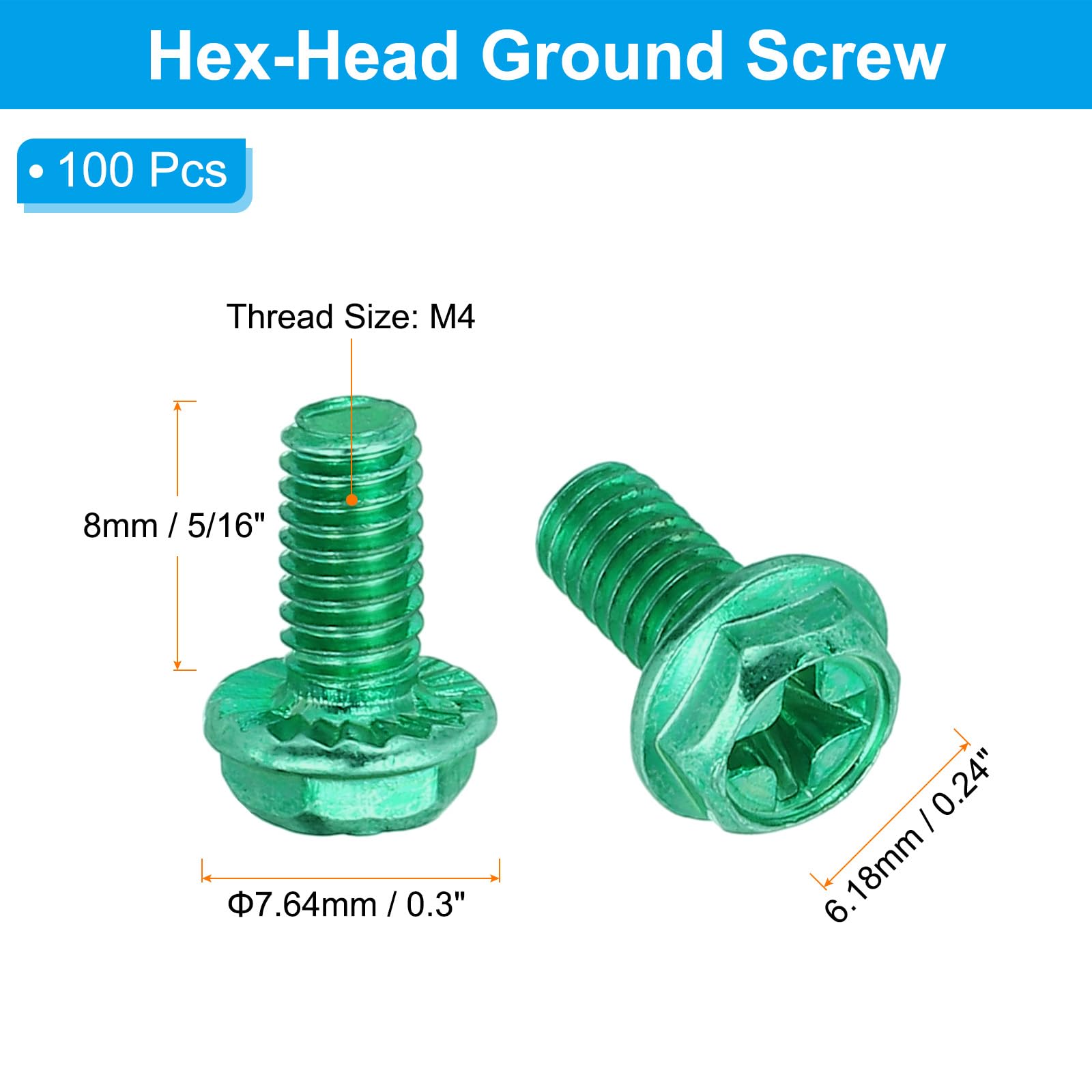 PATIKIL M4 x 8mm Thread Ground Screws, 100 Pack Green Electrical Grounding Screw Hex Phillips Head Flanged for Home Electrical Lamp - Image 2
