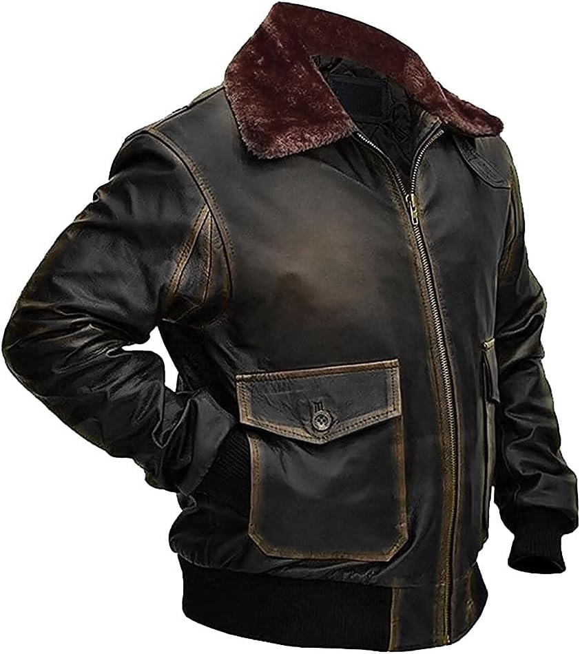 G-1 Fur Bomber Jacket Men - US Military Aviator WWII Flight Pilot Vintage Leather Bomber Jacket3