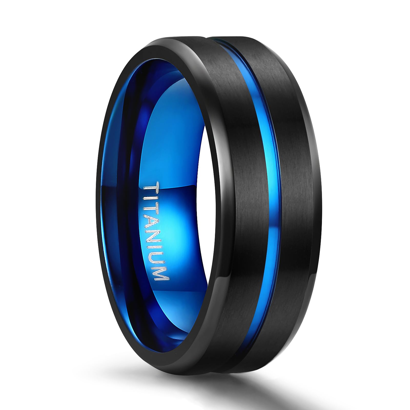 Titanium Ring 6MM 8MM 10MM Black and Blue Two-Tone Centre Groove Wedding Band Matte Finish Comfort Fit for Men Women