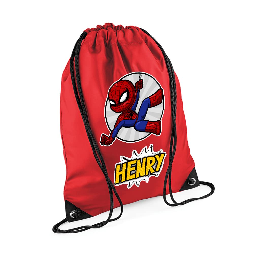 Superhero Bag, Personalised Backpack, Gift For Kids, Boy, Cartton Character Bag, Birthday, Christmas Drawstring Bag, PE Gym Kit Swimming, Sport Rucksack. (Bright Red) โ image 1