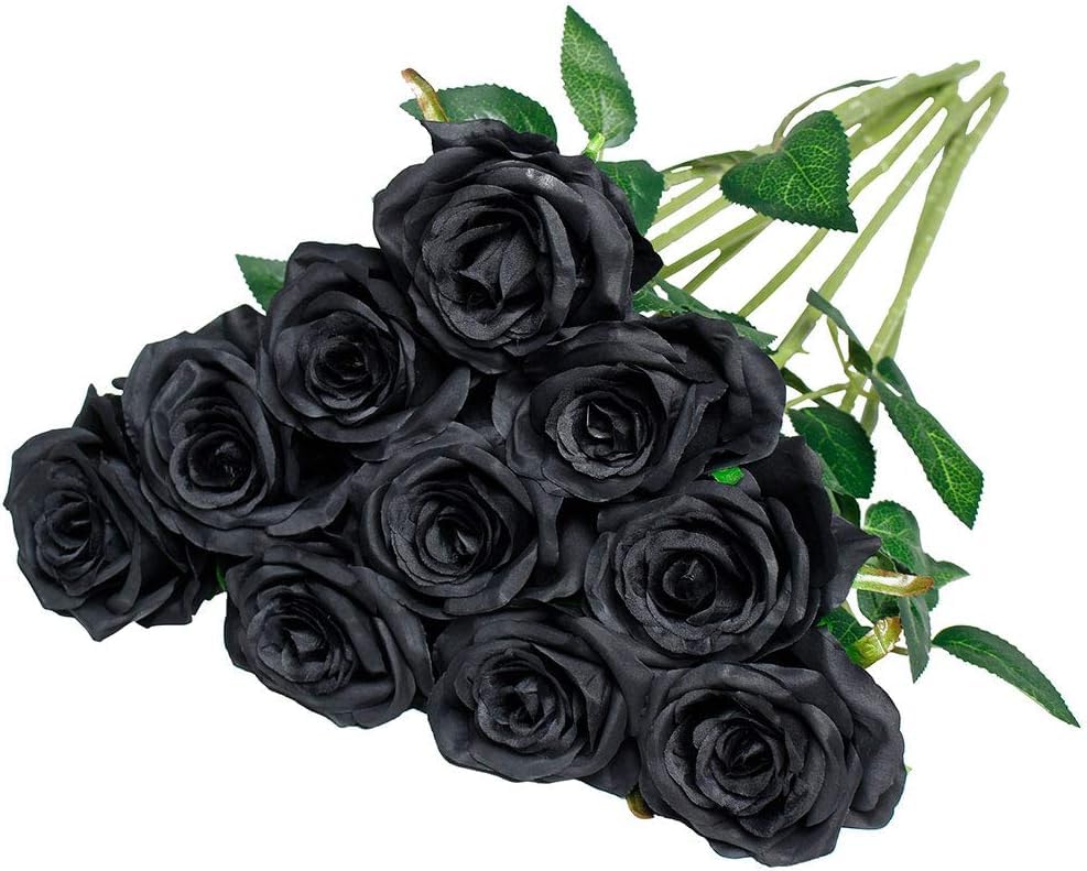 Image of Dekorly Artificial Fake Roses Flowers - 10 Pcs Fake Artificial Roses Silk Flowers with Stems for Home Room Tabletop Wedding Hotel Office Centerpiece Decor | Height 18 Inch (Black)
