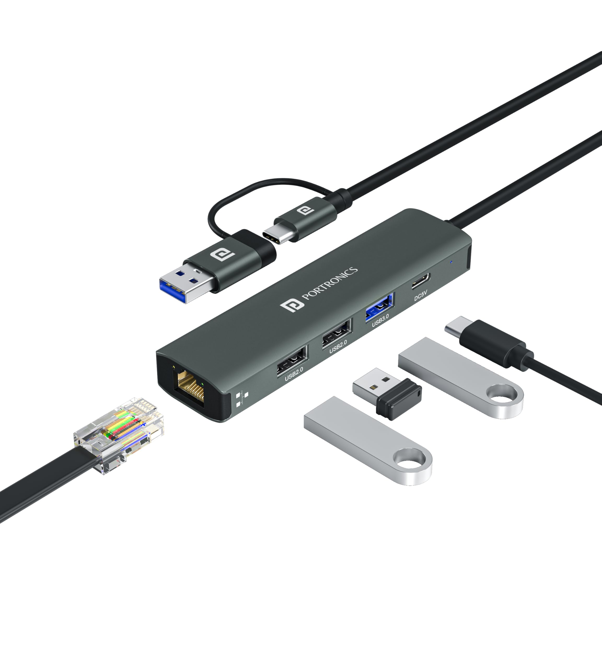 Portronics Mport Edge,5 Ports Dual USB Hub, Superfast USB 3.0, High Speed 2.0, Type-C 5V2A Port, 100 Mbps RJ45 Ethernet, Versatile & High-Speed Connectivity Hub for Laptops & Desktops (Grey)-picture-10