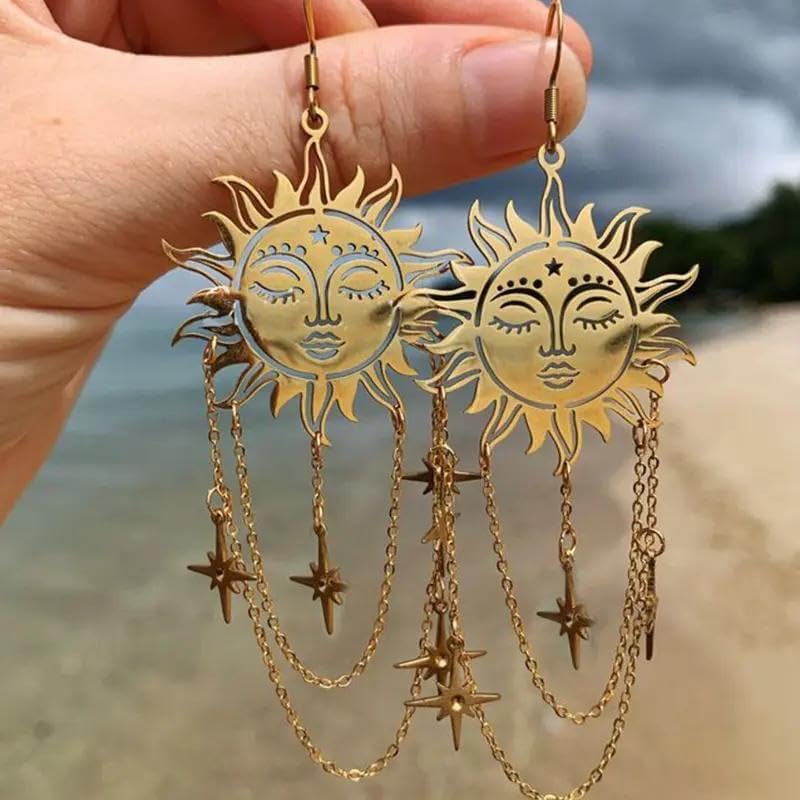 Gold Sun Star Earrings for Women Celestial Earrings Vintage Sun Chain Dangle Earrings Jewelry - Image 3
