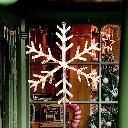 OOLALOO LED Snowflake Window Light Warm White Acrylic Crystal-Like Snowflake Silhouette Battery Powered Hanging Light for Christmas Winter Holiday Decoration 14 Inches