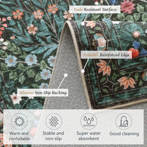 Image of Non-Slip Washable Runner Rug for Hallways, 2x6 Ultra-Thin Floral, Boho Soft Forest Green Carpet for Kitchen, Bathroom & Laundry Room