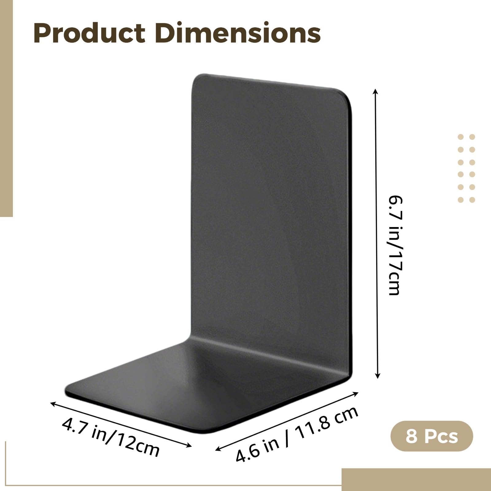 8 STK. Metall-Buchstützen, 17 x 11,9 cm, mit 11,8 cm Basis, Buchenden für Regale, Schwarze Buchstützen aus Metall für Büro und Zuhause