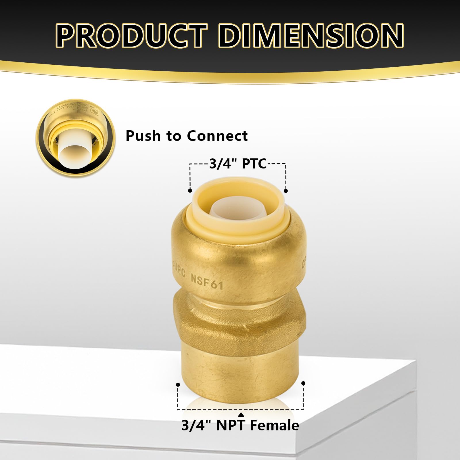 5 szt. złączek mosiężnych Foskan 3/4" Push-to-connect x 3/4" z gwintem wewnętrznym, do łączenia rur PEX, miedzianych, C, PE-RT, z zaciskiem rozłączającym do napraw hydraulicznych (PTC x FNPT)