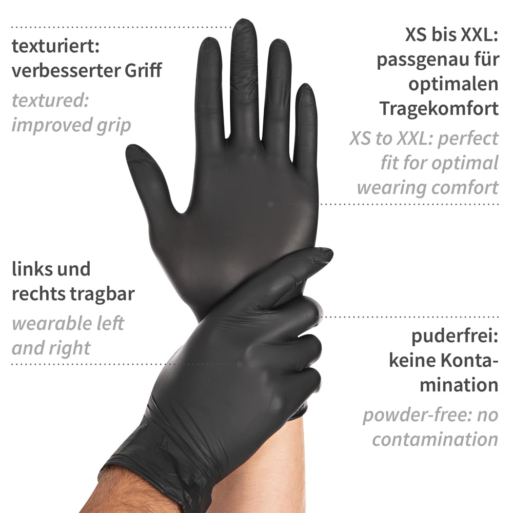 FRANZ MENSCH 1000 Stück, Nitrilhandschuhe, M, schwarz, Nitril, puderfrei | Safe Light, 24 cm, Karton, latexfrei, Einweghandschuhe, Einmalhandschuhe, disposable gloves, Hygiene, Pflege, Reinigung