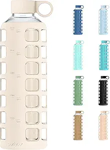 purifyou 40oz / 32oz / 22oz / 12oz Borosilicate Glass Water Bottle with Time & Volume Markers, Silicone Sleeve, Stainless Steel Lid | Reusable Glass Bottle for Water & Juice (40oz Pearled Ivory)
