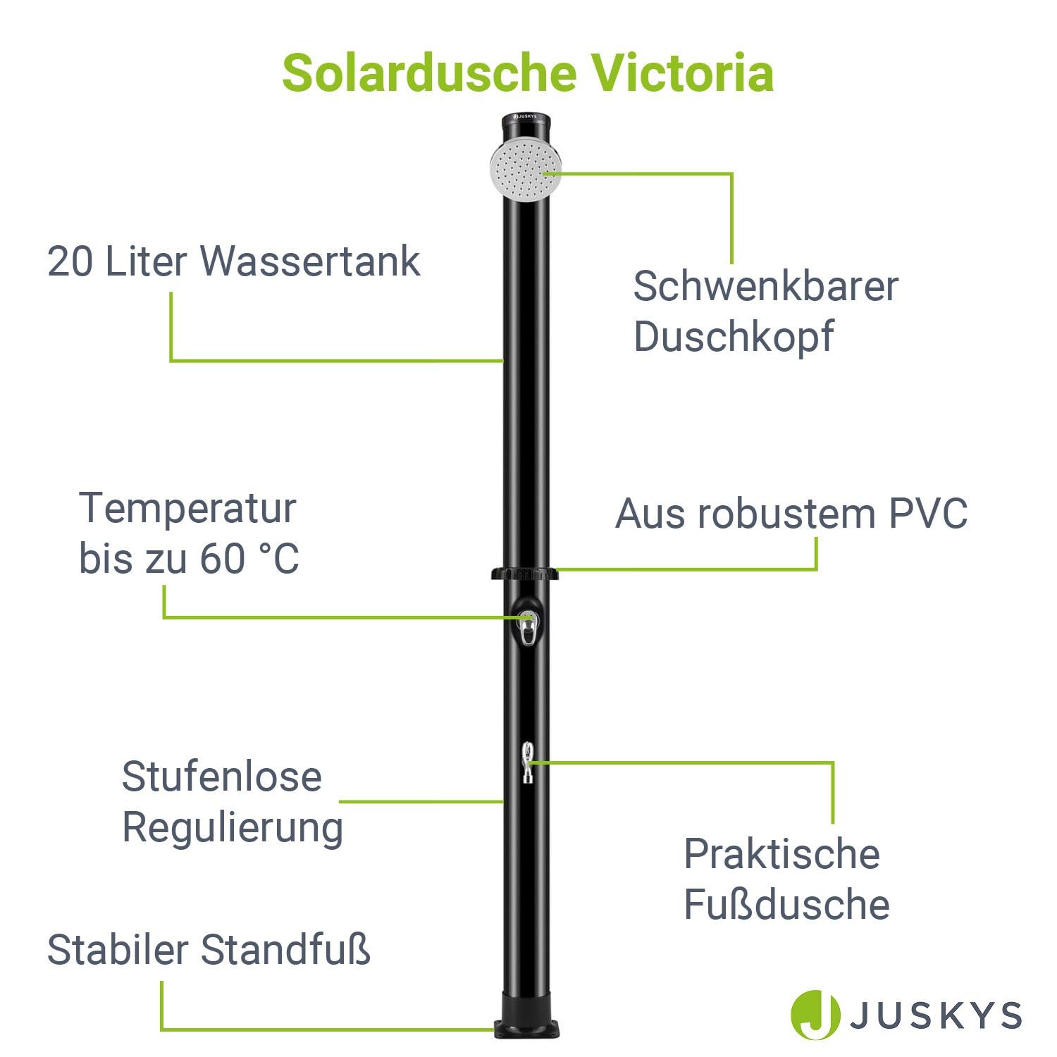 Juskys Prysznic solarny Victoria 20/35/40 litrów – do 60°C – z obrotową głowicą prysznicową, prysznicem nożnym i przyłączem węża ogrodowego, prysznicem ogrodowym, prysznicem zewnętrznym