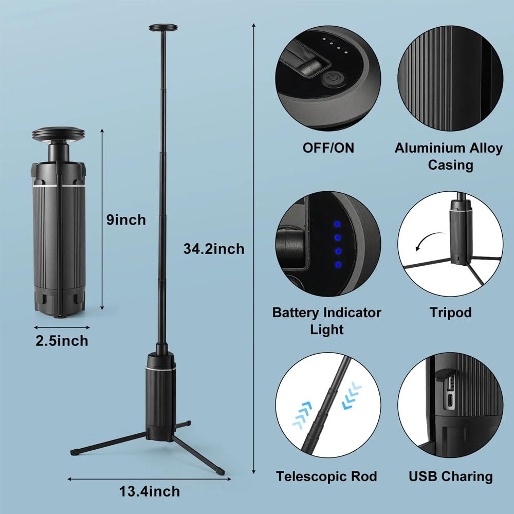 Linterna de camping LED telescópica, luz de camping portátil recargable USB, 3 modos de iluminación linterna LED fuerte al aire libre, luz de trabajo LED 10800 mah con soporte, para acampar al aire li
