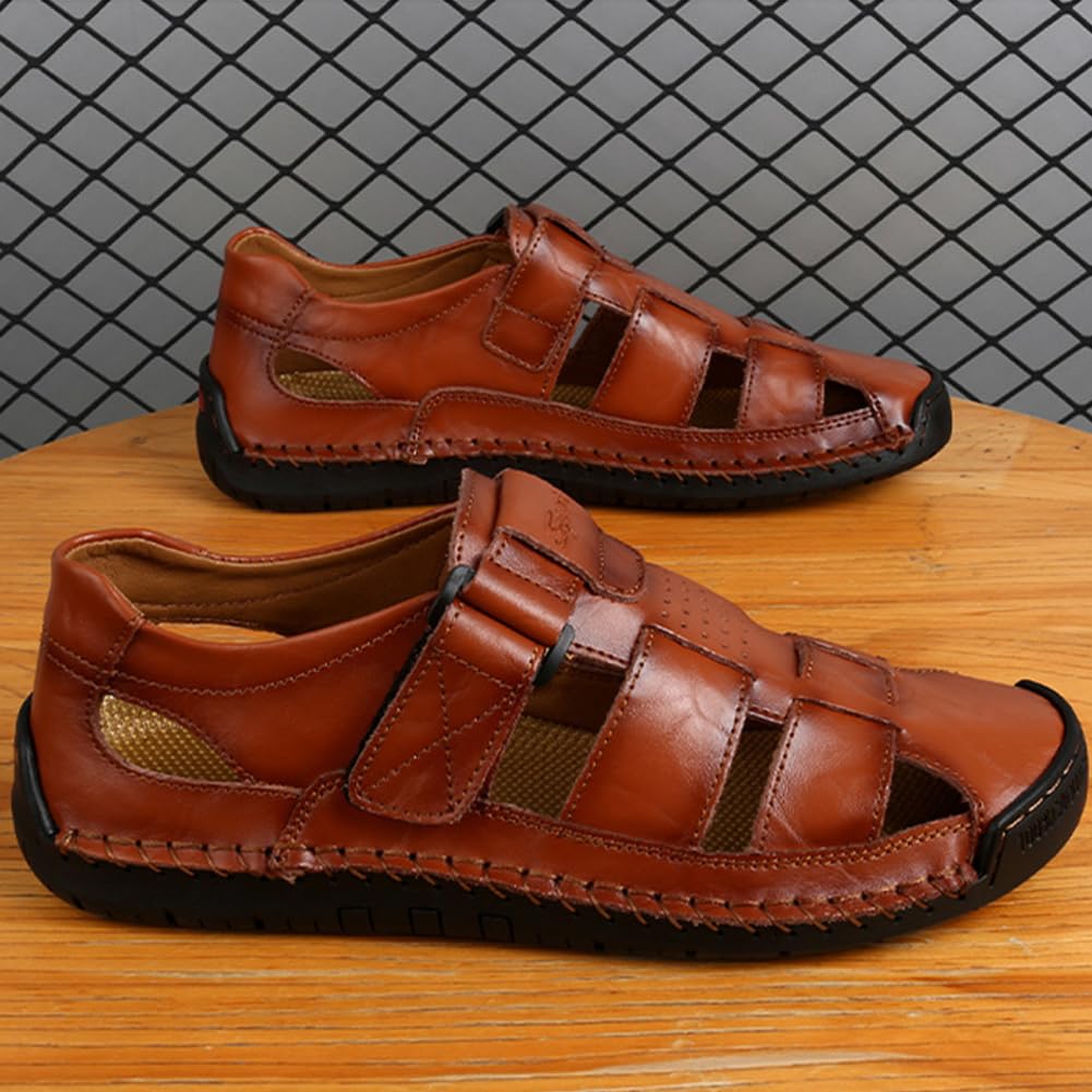 Sandalias de cuero con puntera cerrada para hombre, sandalias ortopédicas de verano para hombre, transpirables, cosidas a mano, zapatos de pescador de cuero para caminar, senderismo, playa