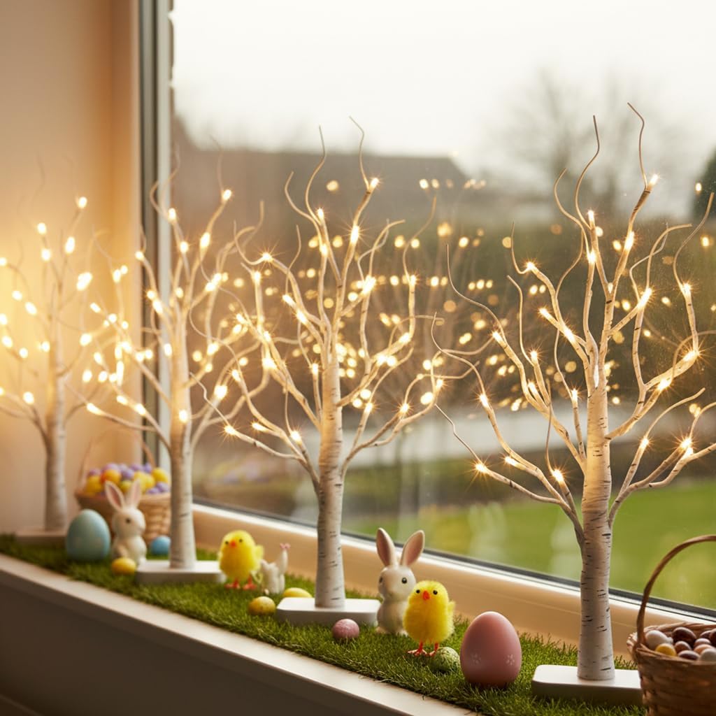 EAMBRITE Zestaw 2 gałązek świetlnych do wnętrz, 24 diody LED, ciepła biel, brzoza, gałązki dekoracyjne, zasilanie bateryjne, dekoracja bożonarodzeniowa do domu, na imprezę, urodziny, wesele, dekoracja